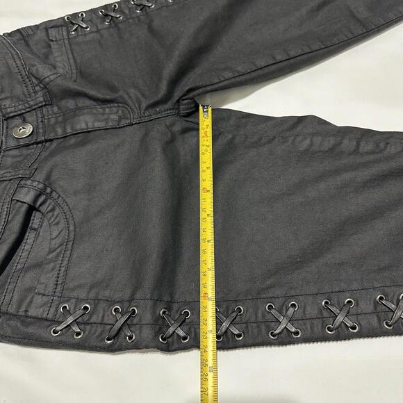 Cache Women’s Coated Wax Denim Sz 2 Black Skinny Pants Leather Threaded Rivets - Picture 8 of 12